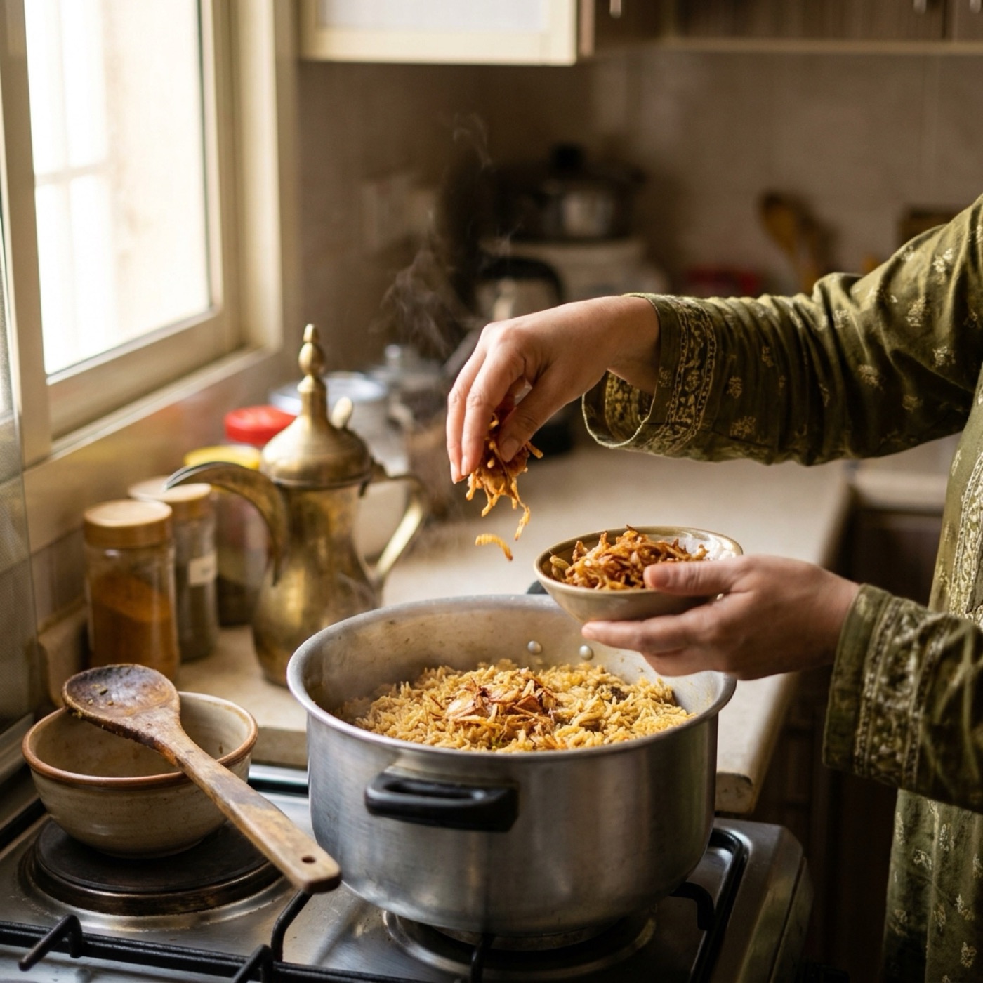 A home cook finishing a pot of kabsa with fried onions